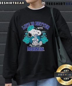 Alt Text: Cute Snoopy sweatshirt with Life Is Better With Mariners design, perfect for fans of Snoopy and baseball.