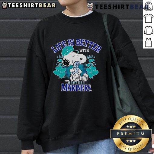 Alt Text: Cute Snoopy sweatshirt with Life Is Better With Mariners design, perfect for fans of Snoopy and baseball.