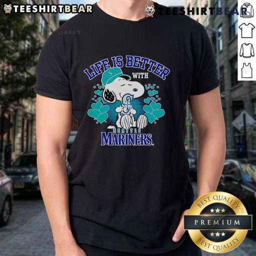 Alt Text: Cute Snoopy Life Is Better With Mariners T-Shirt featuring Snoopy and Mariners logo, perfect for fans and casual wear.