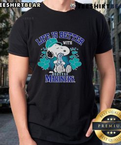 Alt Text: Cute Snoopy Life Is Better With Mariners T-Shirt featuring Snoopy and Mariners logo, perfect for fans and casual wear.