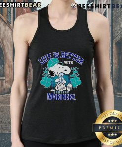 Alt Text: Cute Snoopy tank top with Life Is Better With Mariners slogan, perfect for baseball fans and summer wear.