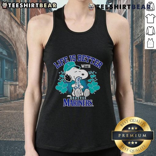 Alt Text: Cute Snoopy tank top with Life Is Better With Mariners slogan, perfect for baseball fans and summer wear.