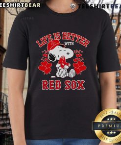 Alt Text: Cute Snoopy on a ladies tee with 'Life Is Better With Red Sox' slogan, perfect for baseball fans and casual wear.