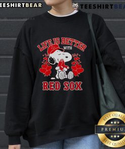Alt Text: Cute Snoopy sweatshirt with Life Is Better With Red Sox slogan, perfect for baseball fans and cozy casual wear.