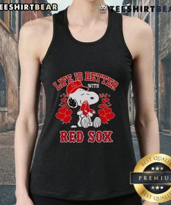 Alt Text: Cute Snoopy in a red tank top with Life Is Better With Red Sox slogan, perfect for baseball fans and summer wear.
