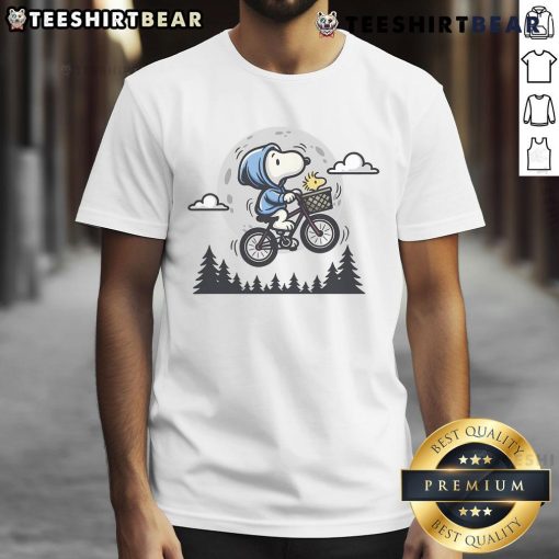 Alt Text: Cute Snoopy and Woodstock flying to the moon on a fun graphic T-shirt design for fans of Peanuts.