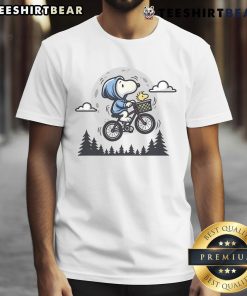 Alt Text: Cute Snoopy and Woodstock flying to the moon on a fun graphic T-shirt design for fans of Peanuts.