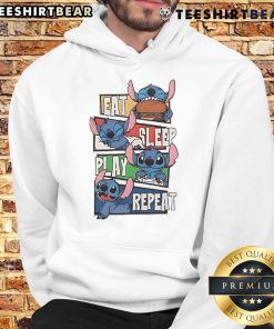 Cute Stitch Eat Sleep Play Repeat Hoodie featuring colorful cartoon design, perfect for casual wear and Disney fans.