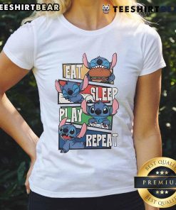 Cute Stitch Eat Sleep Play Repeat Ladies Tee featuring vibrant colors and playful design for casual wear.