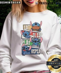 Cute Stitch Eat Sleep Play Repeat sweatshirt featuring vibrant colors and adorable design perfect for casual wear.