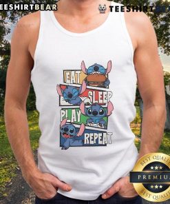 Cute Stitch Eat Sleep Play Repeat tank top featuring vibrant colors and playful design for casual wear.