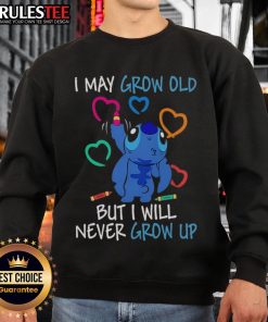 Alt Text: Cute Stitch sweatshirt featuring 'I May Grow Old But I Will Never Grow Up' design, perfect for Disney fans.