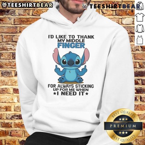 Alt Text: Cute Stitch hoodie featuring I'd like to thank my finger for always sticking up for me design, perfect for fans.