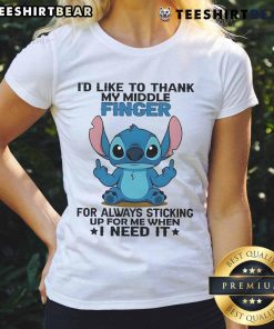 Cute Stitch graphic tee featuring 'I'd like to thank my finger for always sticking up for me' design for women.