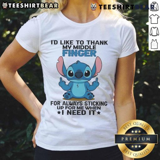 Cute Stitch graphic tee featuring 'I'd like to thank my finger for always sticking up for me' design for women.