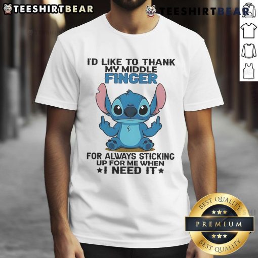 Alt Text: Cute Stitch graphic t-shirt with I'd Like To Thank Finger For Always Sticking Up For Me slogan, perfect for Disney fans.