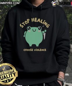 Adorable frog hoodie featuring 'Cute Stop Healing Choose Violence' design, perfect for quirky fashion lovers.