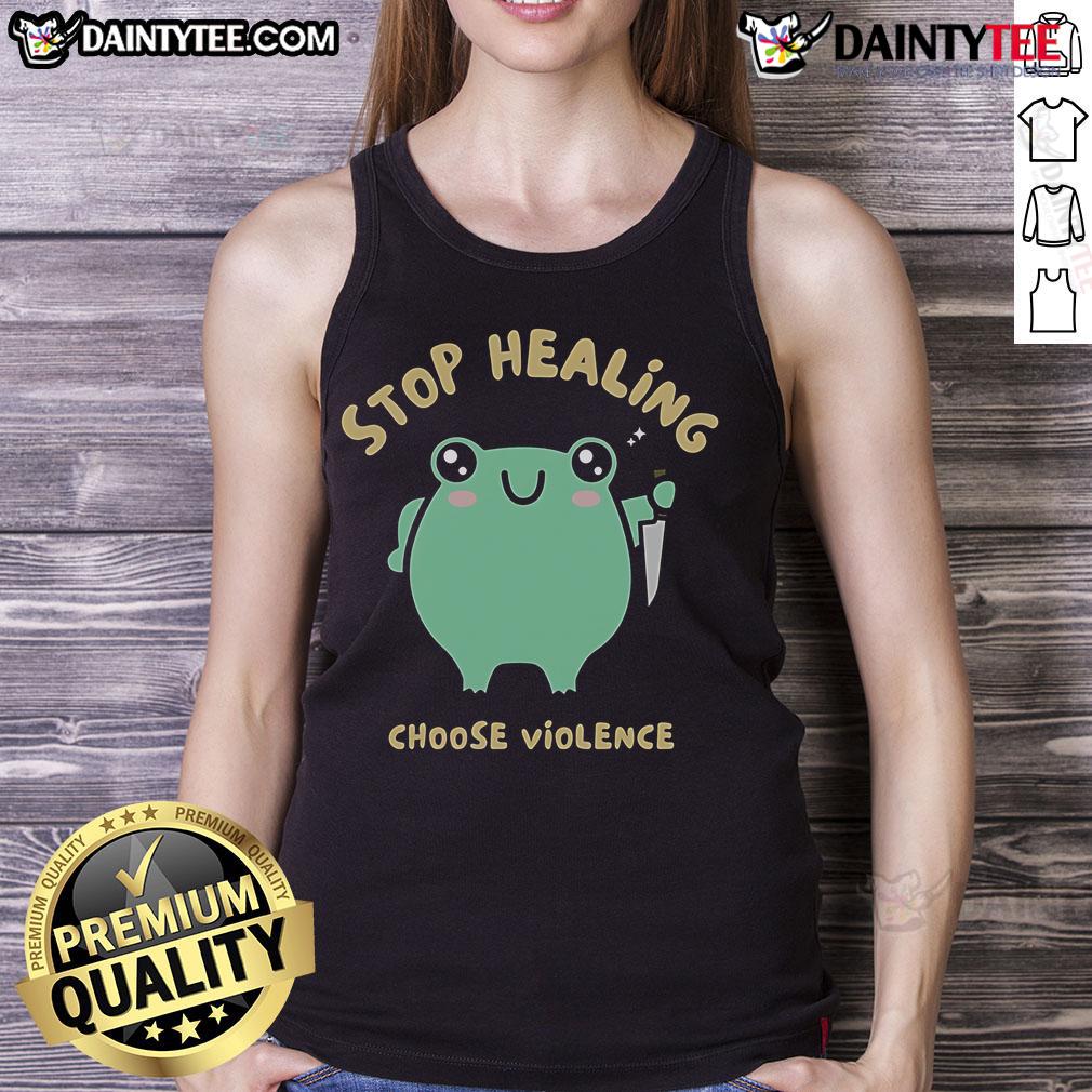 Cute Stop Healing Choose Violence Frog Tank Top Adorable frog tank top featuring 'Choose Violence' slogan, perfect for quirky summer fashion enthusiasts.