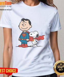 Alt Text: Cute Super Peanuts Snoopy Superman Ladies Tee featuring vibrant graphics of Snoopy as Superman on a stylish shirt.