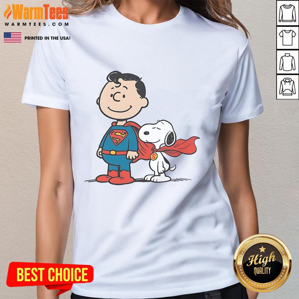 Cute Super Peanuts Snoopy Superman Ladies Tee Alt Text: Cute Super Peanuts Snoopy Superman Ladies Tee featuring vibrant graphics of Snoopy as Superman on a stylish shirt.