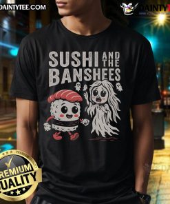 Cute Sushi and The Banshees T-Shirt featuring a playful sushi graphic and vibrant colors for music lovers.