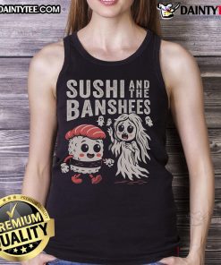 Alt Text: Cute Sushi and The Banshees tank top featuring playful sushi designs, perfect for music lovers and food enthusiasts.