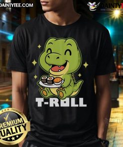 Alt Text: Cute T-Roll dinosaur sushi t-shirt featuring a playful design of a dinosaur rolling sushi, perfect for sushi lovers.