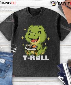 Cute T-Roll dinosaur sushi graphic on a washed t-shirt, perfect for casual wear and dino lovers.