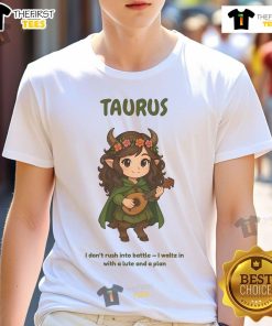 Alt Text: Cute Taurus The Bard Zodiac t-shirt featuring a whimsical design of a bard with a lute, promoting a laid-back approach.