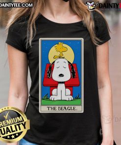 Alt Text: Cute The Beagle Tarot Snoopy Ladies Tee featuring a whimsical beagle design and vibrant colors for dog lovers.
