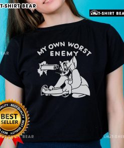 Alt Text: Cute tom cat design on a ladies tee, featuring the phrase 'My Own Worst Enemy' in playful typography.