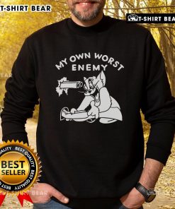 Adorable Tom cat graphic on 'My Own Worst Enemy' sweatshirt, perfect for cat lovers and cozy casual wear.