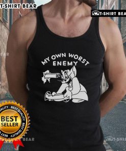 Cute tom cat wearing 'My Own Worst Enemy' tank top, showcasing a playful design perfect for cat lovers and trendy apparel.