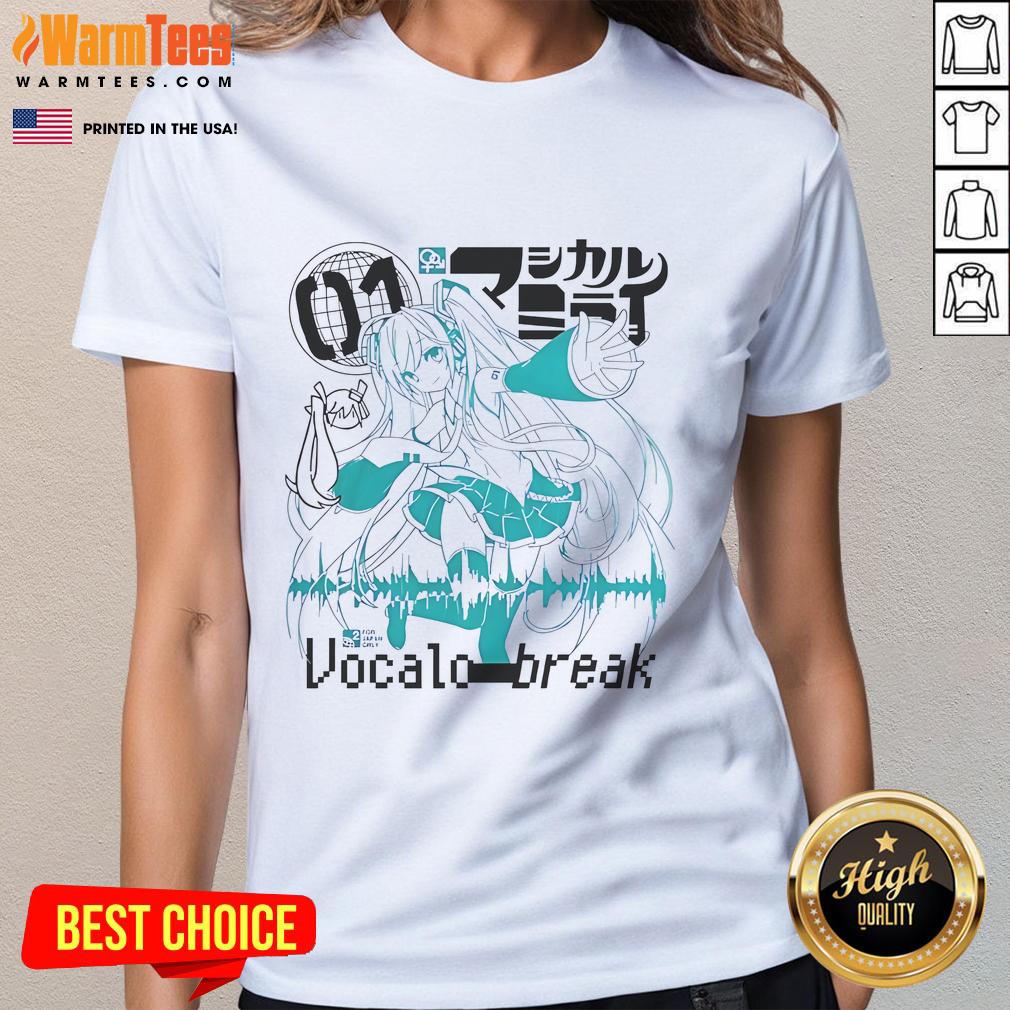 Cute Vocaloid Vocalostar Break Hatsune Miku Ladies Tee Alt Text: Cute Hatsune Miku Ladies Tee featuring Vocaloid VocaloStar Break design, perfect for fans of anime and music.