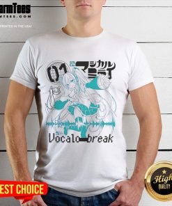 Alt Text: Cute Vocaloid Vocalostar Break Hatsune Miku T-Shirt featuring vibrant graphics of Hatsune Miku in a playful design.