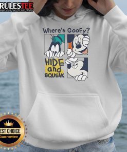 Alt Text: Cute Where's Goofy Mickey Hide and Squeak hoodie featuring vibrant colors and playful design for kids.