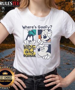 Alt Text: Cute Where's Goofy Mickey Hide and Squeak ladies tee featuring vibrant Disney characters for stylish fans.