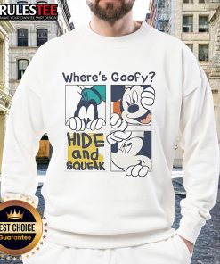 Alt Text: Cute Where's Goofy Mickey Hide and Squeak sweatshirt featuring playful cartoon graphics for kids.