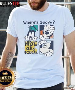 Alt Text: Cute Where's Goofy Mickey Hide And Squeak T-Shirt featuring playful Disney characters designed for kids' fun.