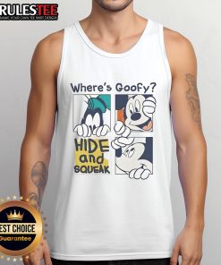 Adorable 'Where's Goofy?' Mickey Hide and Squeak tank top featuring vibrant Disney characters, perfect for kids.