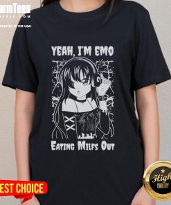 Alt Text: Cute anime girl in an emo style eating, wearing a 'Milfs Out' themed ladies tee, perfect for trendy fans.