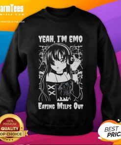 Alt Text: Cute anime girl in an emo sweatshirt, enjoying snacks, reflecting a playful and trendy style.