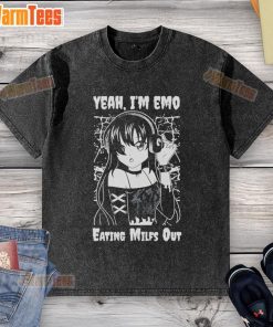 Cute emo anime girl in a washed t-shirt, enjoying a snack, embodying a playful and stylish vibe.