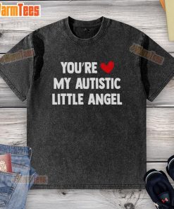 Cute You're My Autistic Little Angel washed t-shirt design featuring colorful graphics and a heartfelt message.