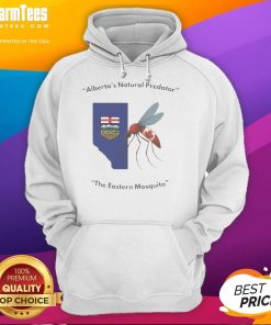 Funny Alberta's Natural Predator hoodie featuring a quirky design of the Eastern mosquito in vibrant colors.