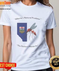 Funny Alberta's Natural Predator T-shirt featuring a humorous design of Eastern mosquitoes for ladies.