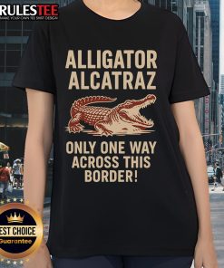 Funny alligator graphic on Alcatraz-themed ladies tee, perfect for unique casual wear and playful outfits.