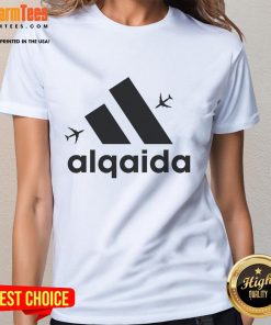 Funny Alqaida 911 logo parody ladies tee featuring humorous design for casual and quirky fashion lovers.