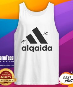 Funny Alqaida 9/11 logo parody tank top featuring humorous graphics and bold text, perfect for making a statement.