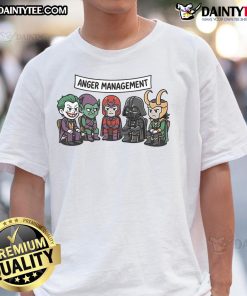 Funny Anger Management Villains Meeting T-Shirt featuring quirky graphics and humorous text for stress relief.